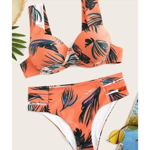 Orange Tropical Bustier Top Bikini Set